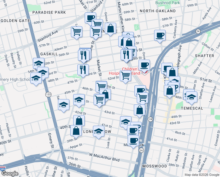 map of restaurants, bars, coffee shops, grocery stores, and more near 892 47th Street in Oakland