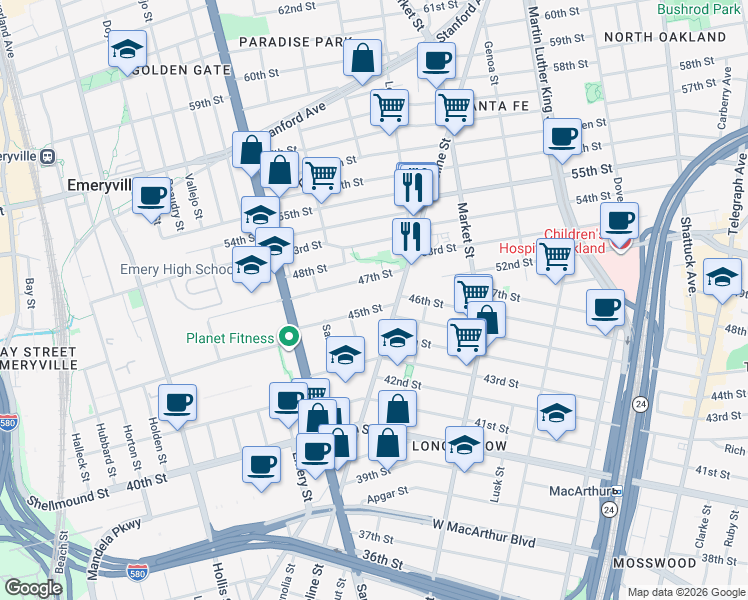 map of restaurants, bars, coffee shops, grocery stores, and more near in Emeryville