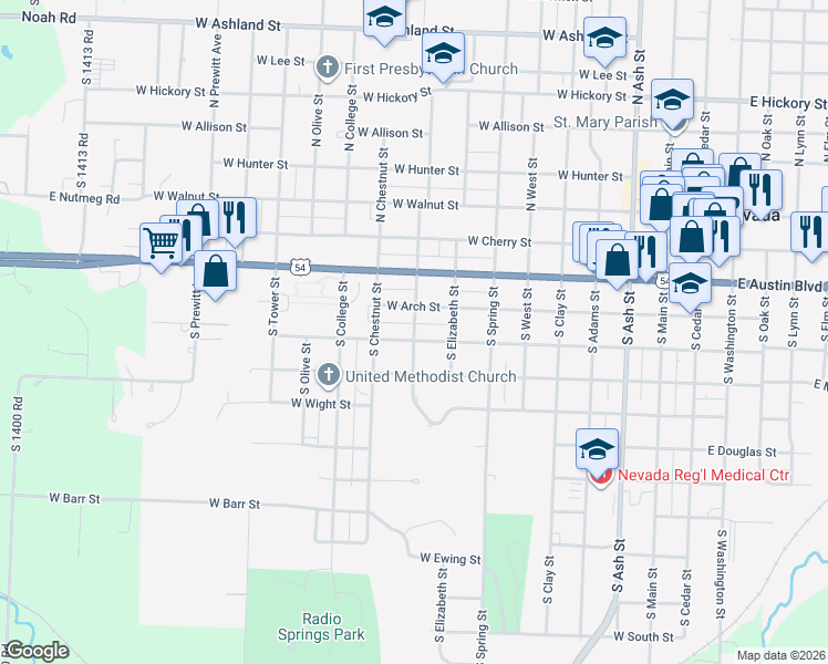 map of restaurants, bars, coffee shops, grocery stores, and more near 318 South Tucker Street in Nevada