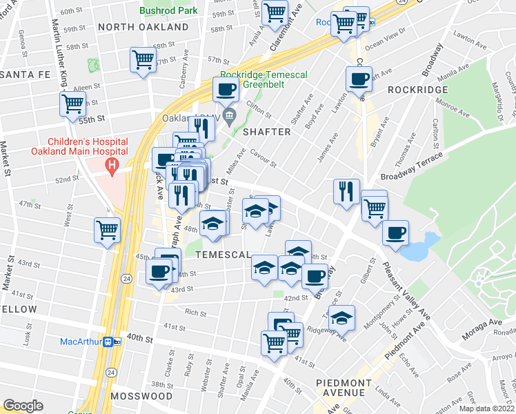 map of restaurants, bars, coffee shops, grocery stores, and more near 384 50th Street in Oakland