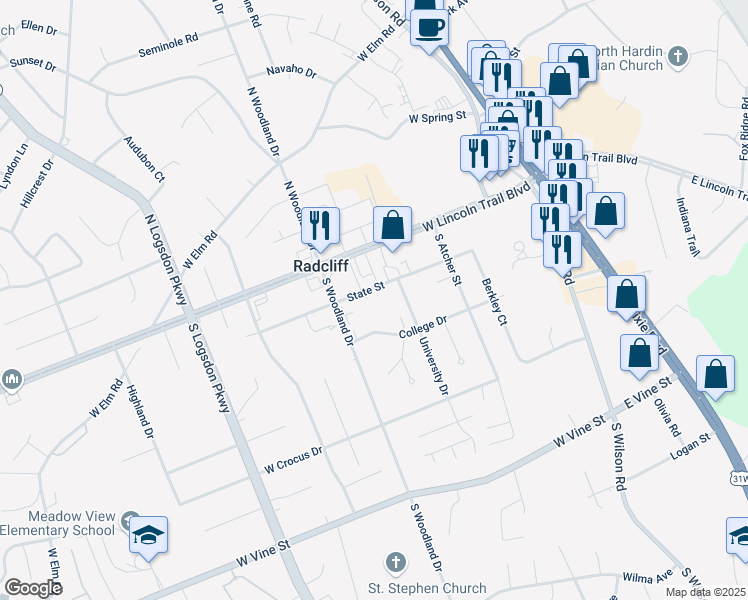 map of restaurants, bars, coffee shops, grocery stores, and more near 655 State Street in Radcliff