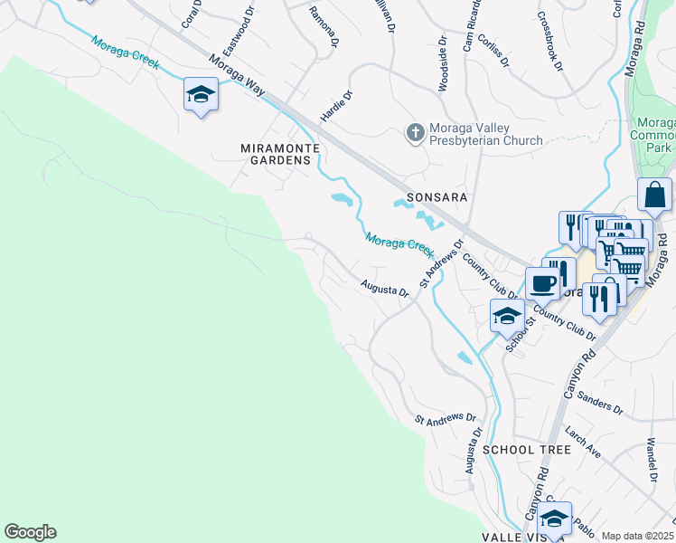 map of restaurants, bars, coffee shops, grocery stores, and more near 1725 Spyglass Lane in Moraga
