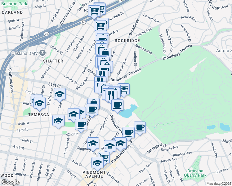 map of restaurants, bars, coffee shops, grocery stores, and more near 5212 Broadway in Oakland