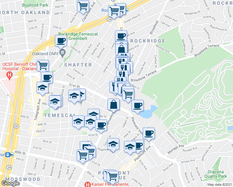 map of restaurants, bars, coffee shops, grocery stores, and more near 5131 Desmond Street in Oakland
