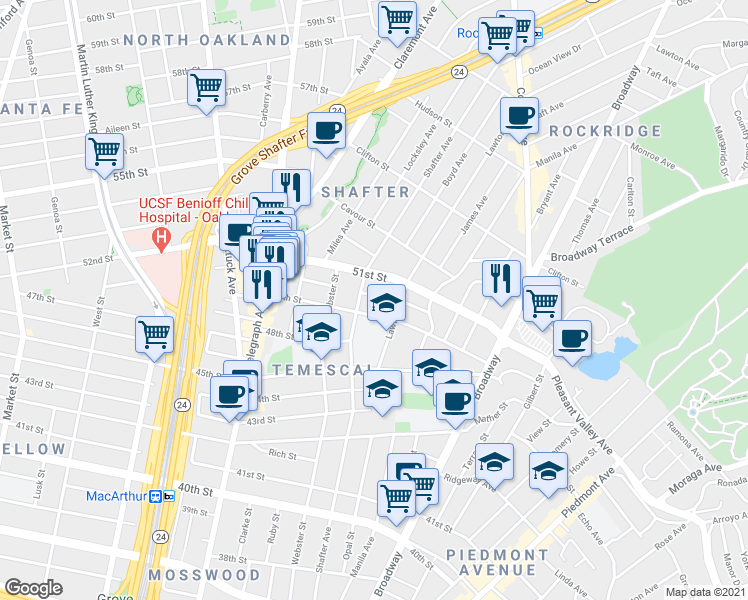 map of restaurants, bars, coffee shops, grocery stores, and more near 384 50th Street in Oakland