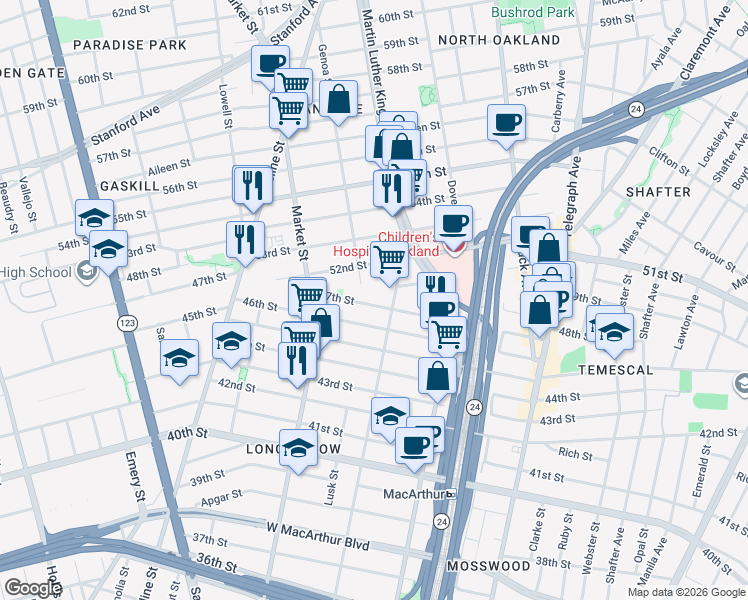 map of restaurants, bars, coffee shops, grocery stores, and more near 840 47th Street in Oakland