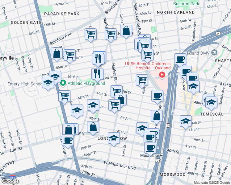 map of restaurants, bars, coffee shops, grocery stores, and more near 915 52nd Street in Oakland