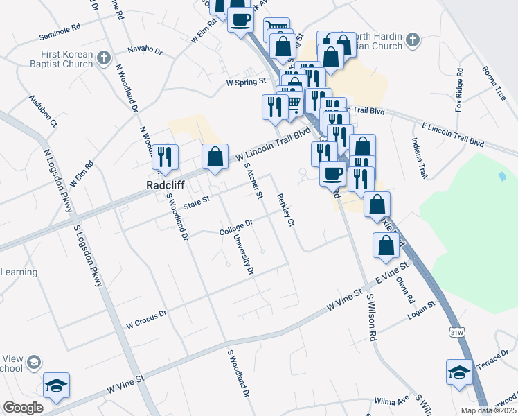 map of restaurants, bars, coffee shops, grocery stores, and more near 311 South Atcher Street in Radcliff