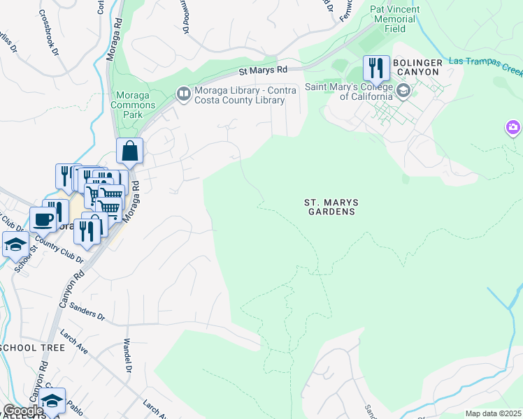 map of restaurants, bars, coffee shops, grocery stores, and more near in Moraga