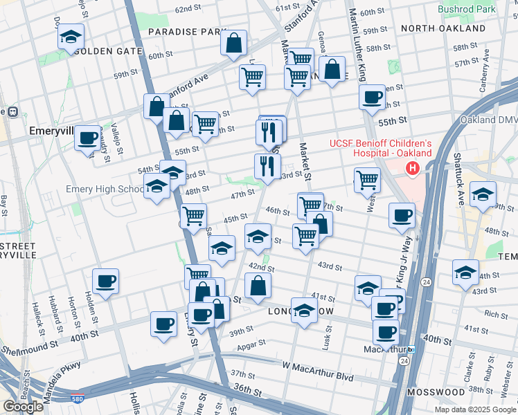 map of restaurants, bars, coffee shops, grocery stores, and more near Adeline Street & 46th Street in Emeryville