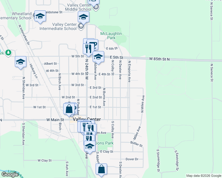 map of restaurants, bars, coffee shops, grocery stores, and more near 400 North Colby Avenue in Valley Center