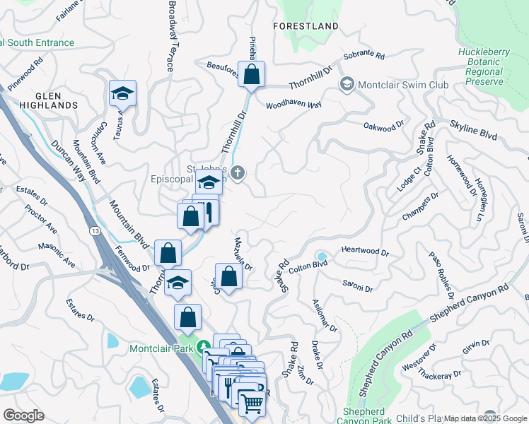 map of restaurants, bars, coffee shops, grocery stores, and more near 5915 Alhambra Avenue in Oakland