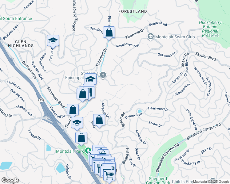 map of restaurants, bars, coffee shops, grocery stores, and more near 5915 Alhambra Avenue in Oakland