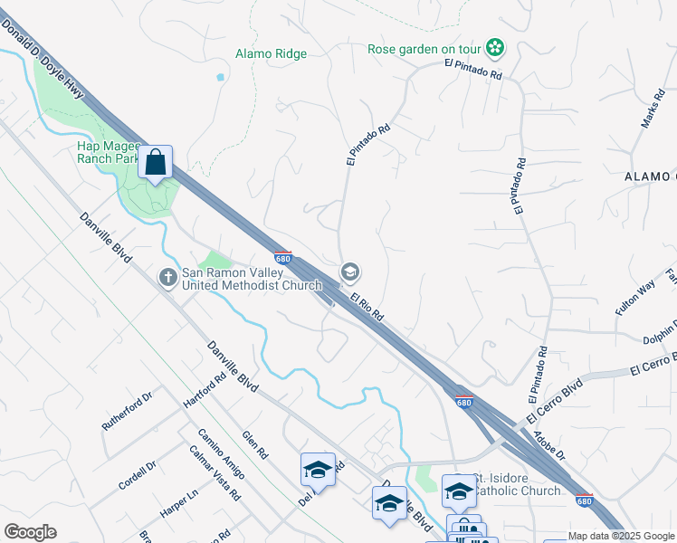 map of restaurants, bars, coffee shops, grocery stores, and more near 212 El Pinto in Danville