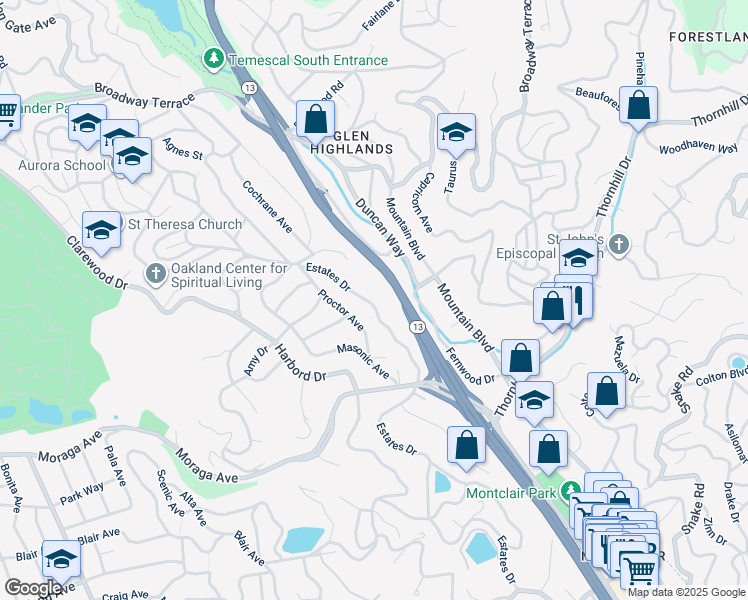 map of restaurants, bars, coffee shops, grocery stores, and more near 5510 Estates Drive in Oakland