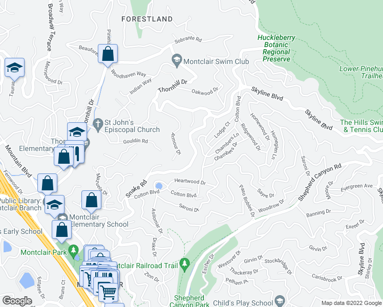map of restaurants, bars, coffee shops, grocery stores, and more near 6901 Snake Road in Oakland