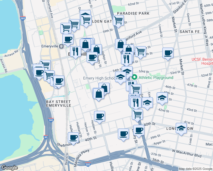 map of restaurants, bars, coffee shops, grocery stores, and more near 93 Emery Bay Drive in Emeryville