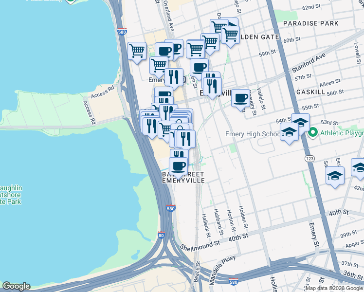 map of restaurants, bars, coffee shops, grocery stores, and more near Bay Street & Brunswig Lane in Emeryville