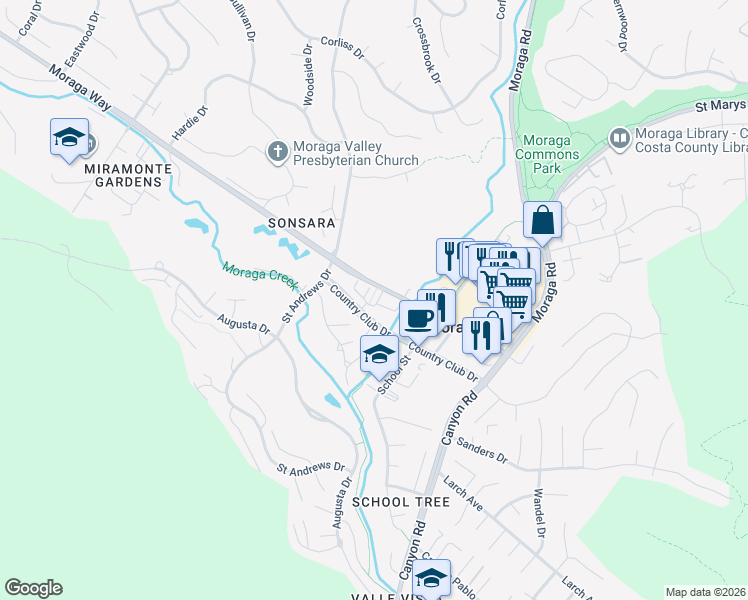 map of restaurants, bars, coffee shops, grocery stores, and more near 118 Wallace Circle in Moraga