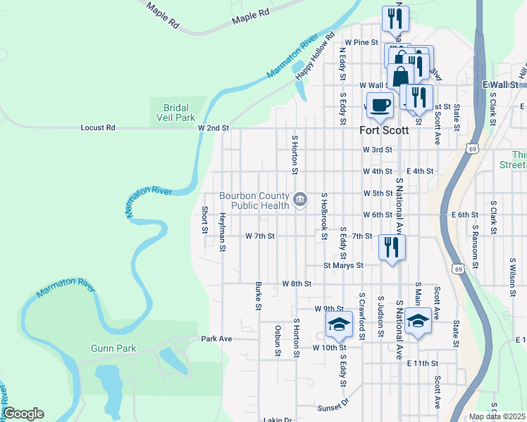 map of restaurants, bars, coffee shops, grocery stores, and more near 518 Burke Street in Fort Scott
