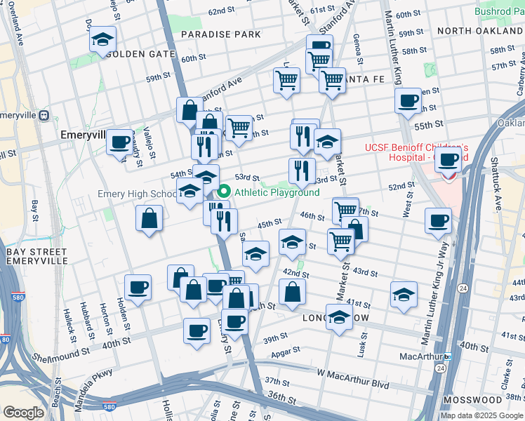 map of restaurants, bars, coffee shops, grocery stores, and more near 1039 47th Street in Emeryville
