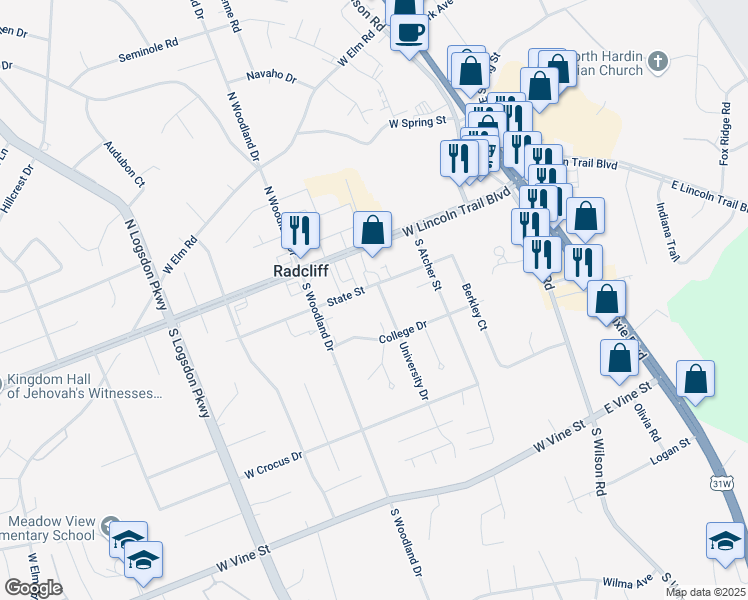 map of restaurants, bars, coffee shops, grocery stores, and more near 253 University Drive in Radcliff