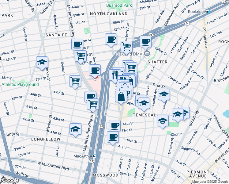map of restaurants, bars, coffee shops, grocery stores, and more near 582 48th Street in Oakland