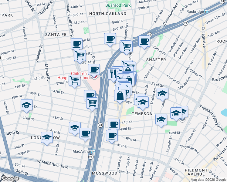 map of restaurants, bars, coffee shops, grocery stores, and more near 4895 Shattuck Avenue in Oakland