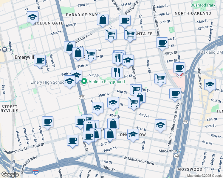 map of restaurants, bars, coffee shops, grocery stores, and more near 4507 Adeline Street in Emeryville