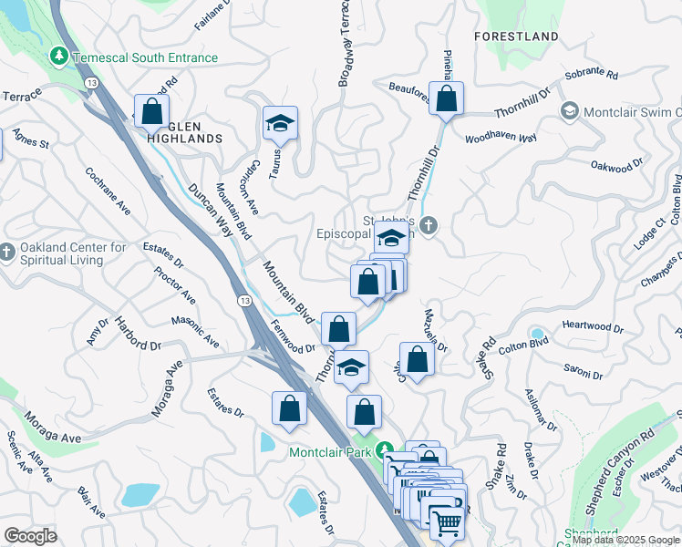 map of restaurants, bars, coffee shops, grocery stores, and more near 5716 Merriewood Dr in Oakland