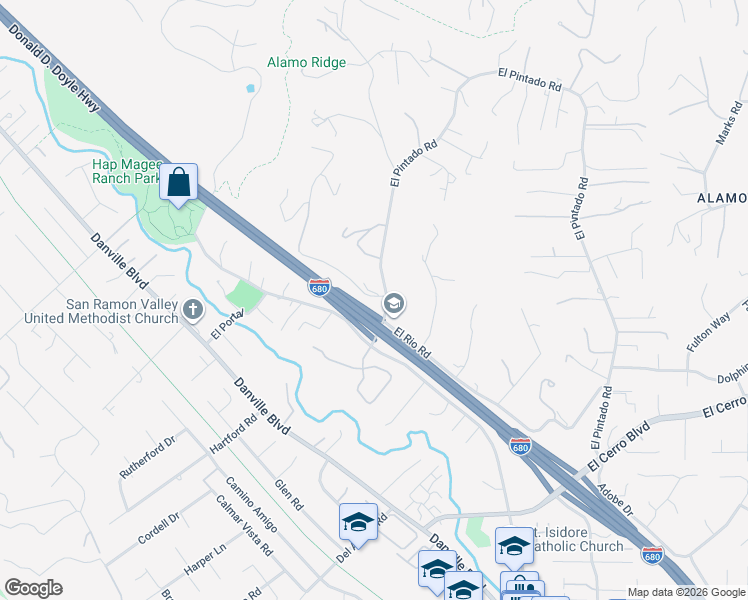 map of restaurants, bars, coffee shops, grocery stores, and more near 230 El Pinto in Danville