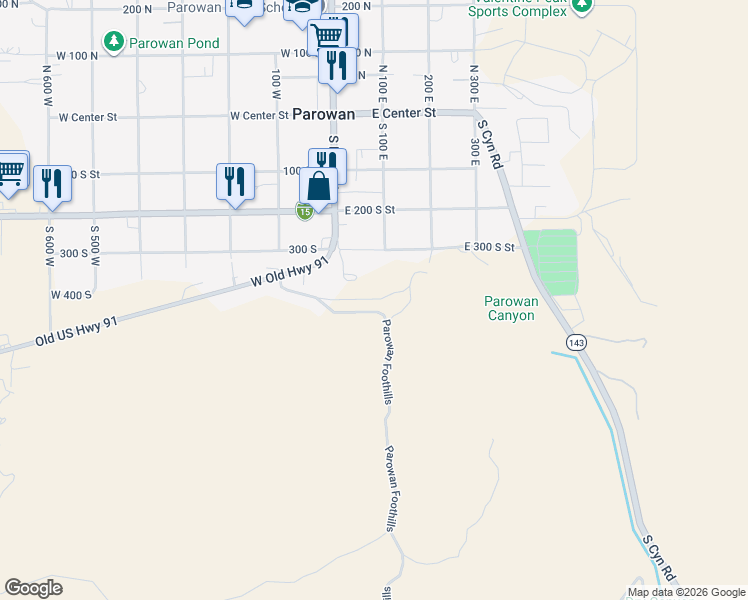 map of restaurants, bars, coffee shops, grocery stores, and more near 363 South Main Street in Parowan