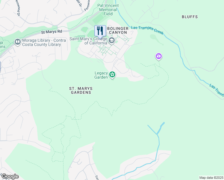 map of restaurants, bars, coffee shops, grocery stores, and more near San Miguel Circle in Moraga