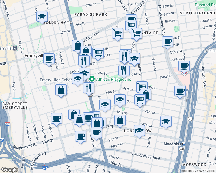 map of restaurants, bars, coffee shops, grocery stores, and more near 1039 47th Street in Emeryville