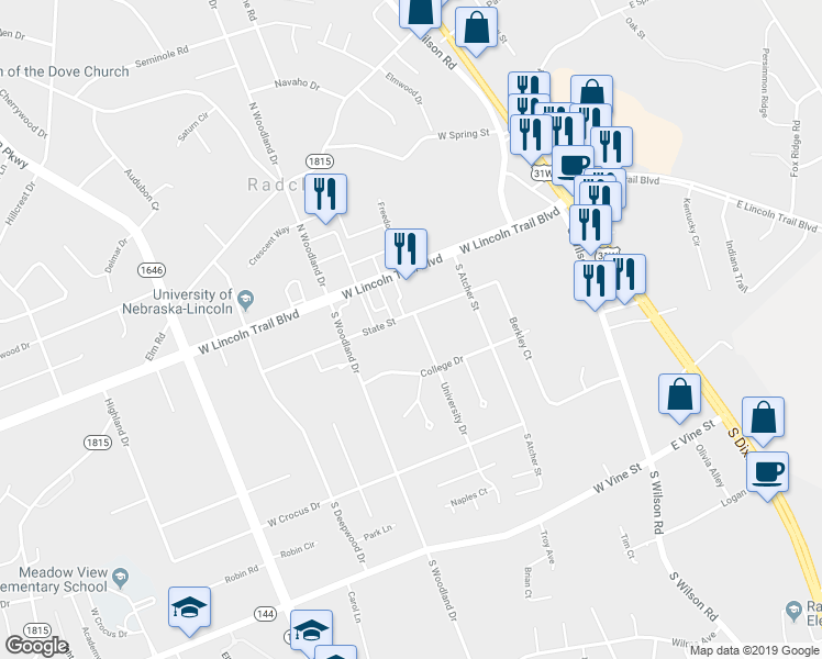 map of restaurants, bars, coffee shops, grocery stores, and more near 257 University Drive in Radcliff