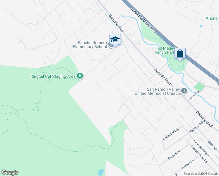 map of restaurants, bars, coffee shops, grocery stores, and more near 2 Alamo Glen Court in Alamo