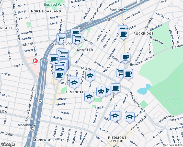 map of restaurants, bars, coffee shops, grocery stores, and more near 384 50th Street in Oakland