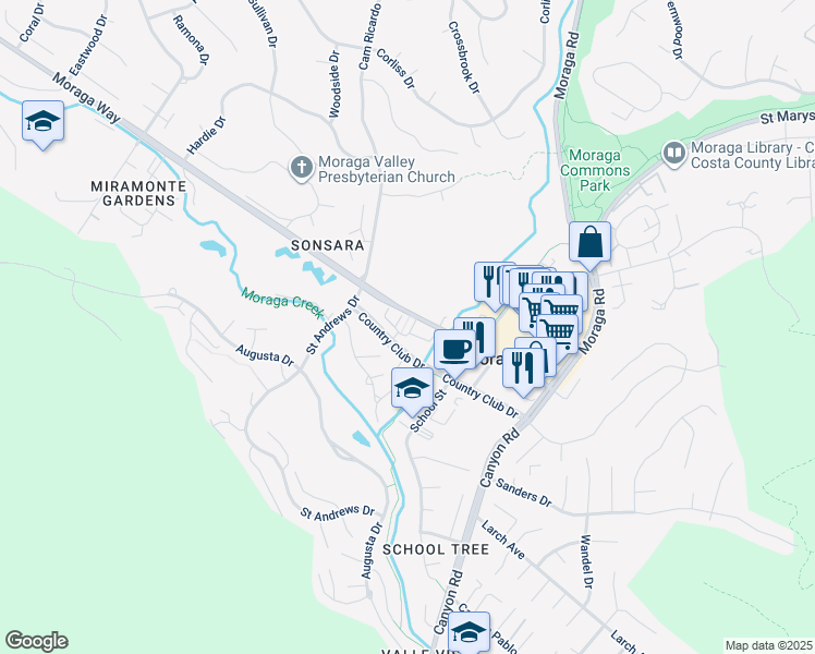 map of restaurants, bars, coffee shops, grocery stores, and more near 118 Wallace Circle in Moraga
