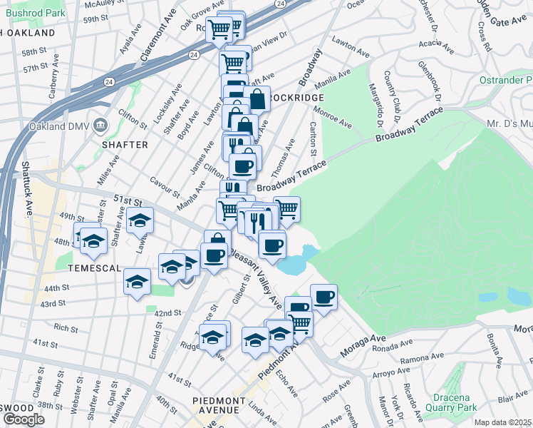 map of restaurants, bars, coffee shops, grocery stores, and more near 225 Clifton Street in Oakland