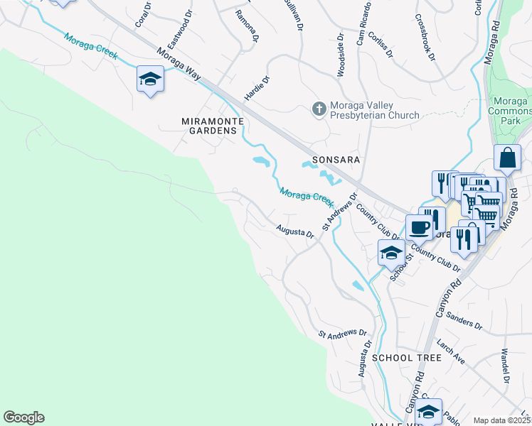 map of restaurants, bars, coffee shops, grocery stores, and more near 601 Augusta Drive in Moraga
