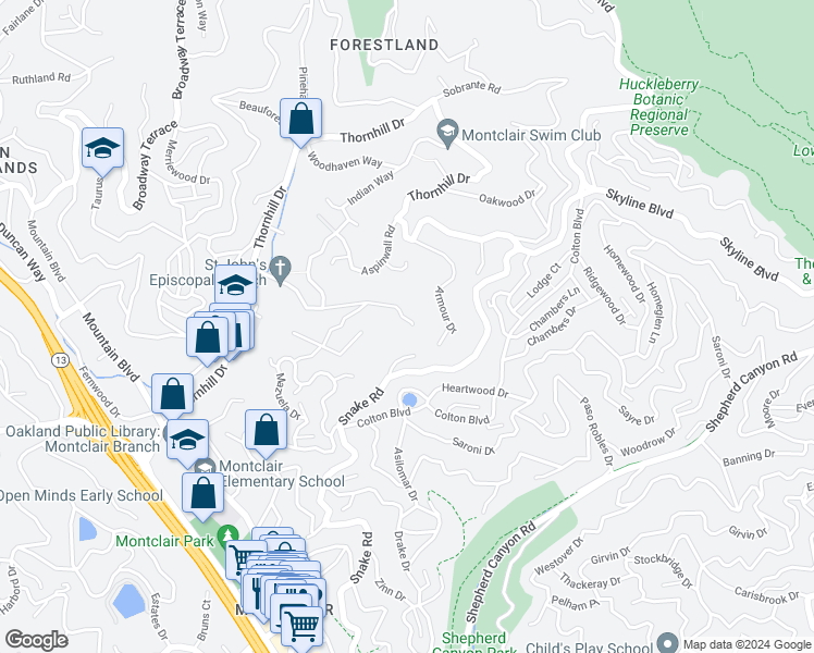 map of restaurants, bars, coffee shops, grocery stores, and more near 1961 Gouldin Road in Oakland