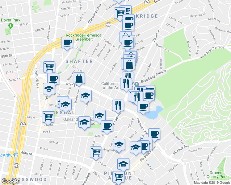 map of restaurants, bars, coffee shops, grocery stores, and more near 5131 Desmond Street in Oakland