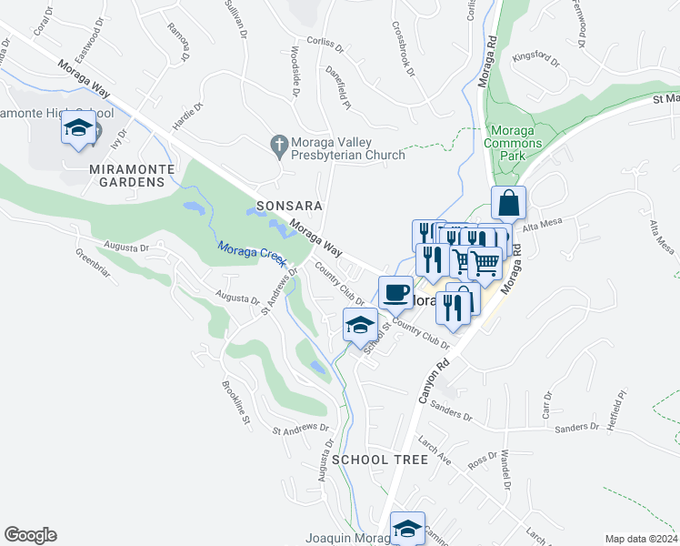 map of restaurants, bars, coffee shops, grocery stores, and more near 777 Country Club Drive in Moraga