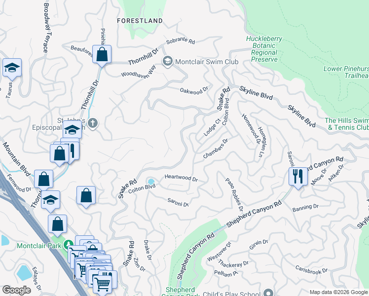 map of restaurants, bars, coffee shops, grocery stores, and more near 6901 Snake Road in Oakland