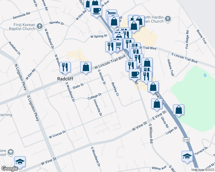 map of restaurants, bars, coffee shops, grocery stores, and more near 308 South Atcher Street in Radcliff