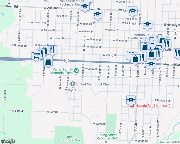 map of restaurants, bars, coffee shops, grocery stores, and more near 318 South Tucker Street in Nevada