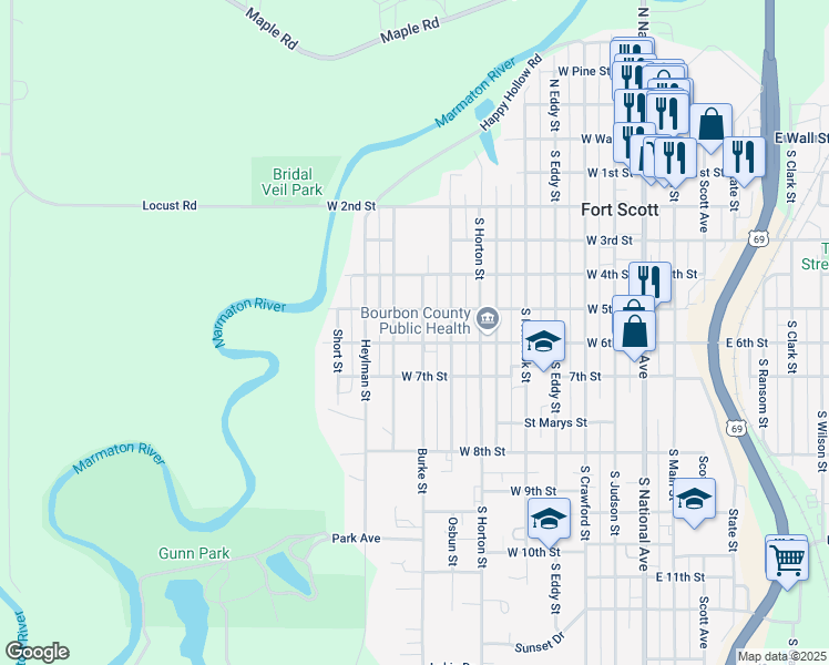 map of restaurants, bars, coffee shops, grocery stores, and more near 518 Burke Street in Fort Scott