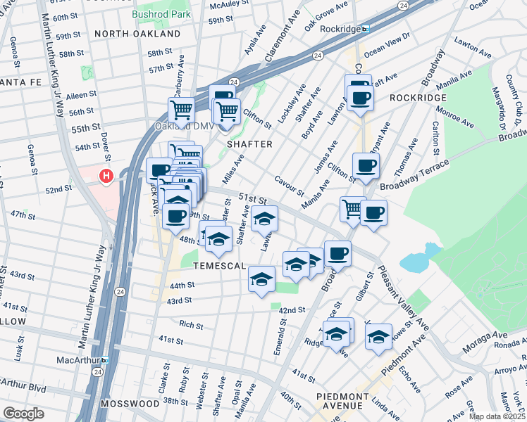 map of restaurants, bars, coffee shops, grocery stores, and more near 384 50th Street in Oakland