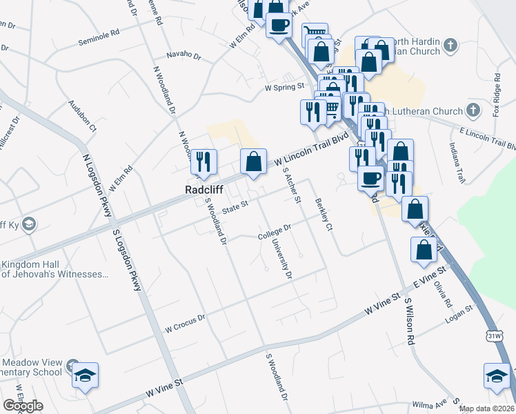 map of restaurants, bars, coffee shops, grocery stores, and more near 257 University Drive in Radcliff