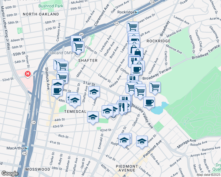 map of restaurants, bars, coffee shops, grocery stores, and more near 5112 Manila Avenue in Oakland